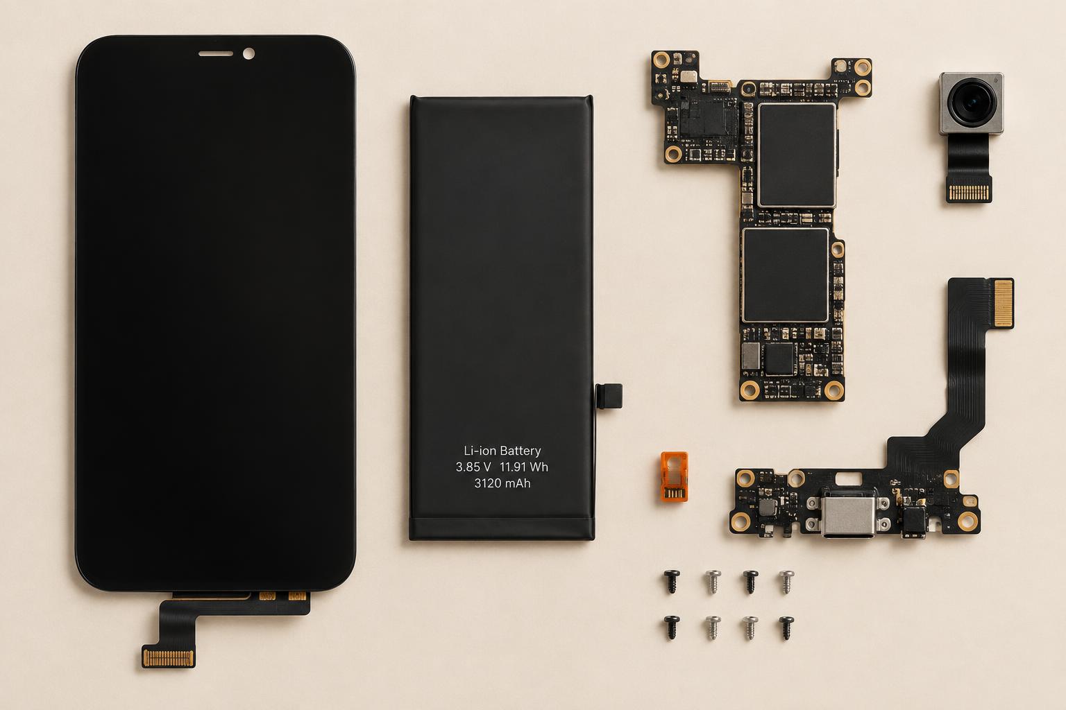 Smartphone components — display, battery, camera module and logic board — arranged on a workbench